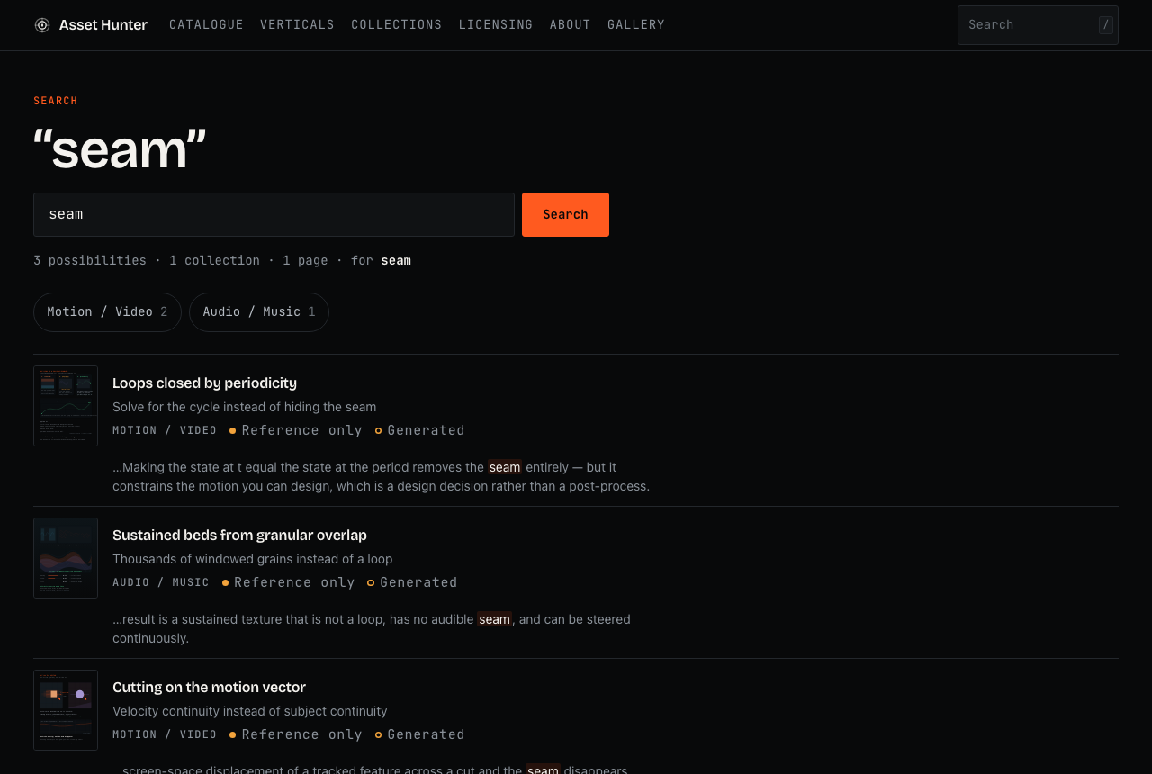 Search is a ranked list, not a grid, and each row says why it matched rather than repeating its own title.